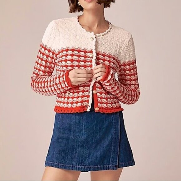 NWT J.Crew Textured Crochet Lady Jacket in Moroccan Sand Red Cardigan Sweater L - Picture 2 of 8